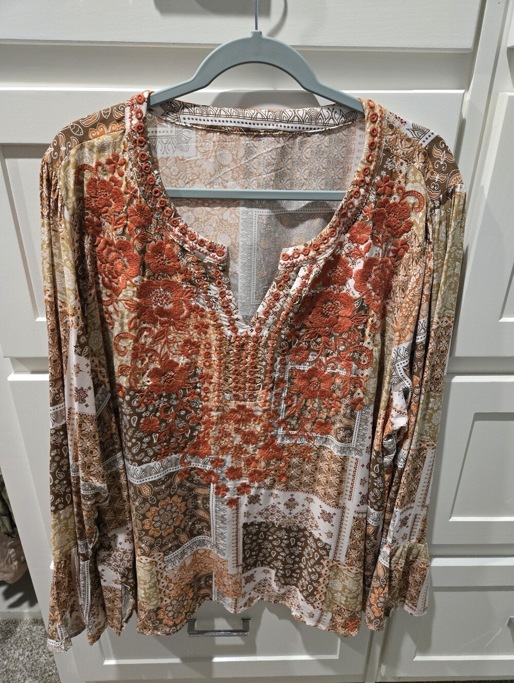 Embroidered Patchwork Floral Boho Blouse in Rust & Tan